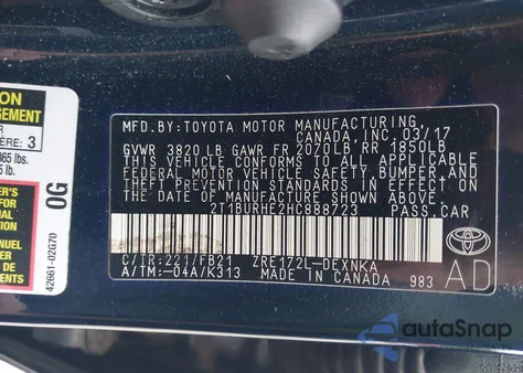 2017 Toyota Corolla Le из США, поврежденный, VIN 2T1BURHE2HC888723